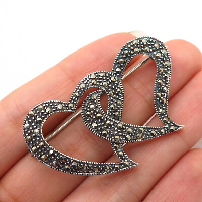 #ad 925 Sterling Silver Real Marcasite Gem Interlocked Double Heart Pin Brooch $39.99