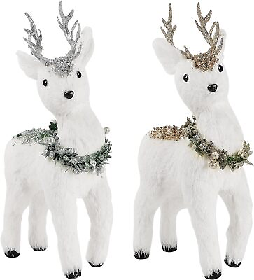 #ad 2Packs Flocking White Standing Reindeer Figurines with Golden amp; Silver Adornment $67.99