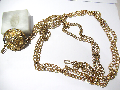 #ad Lions Head Woman#x27;s Belt With Double Chain Gold Tone Vintage $22.00