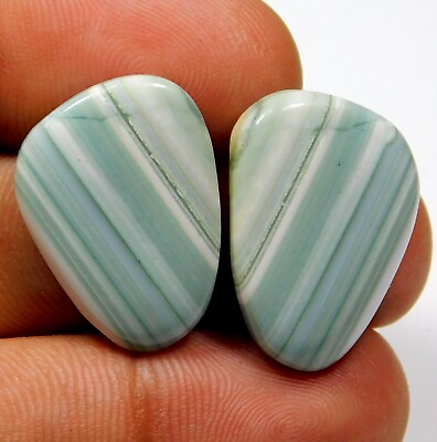 #ad 26.CT NATURAL SATURN CHALCEDONY MATCHED PAIR CABOCHON HEALING GEMSTONE BF=100 $5.78