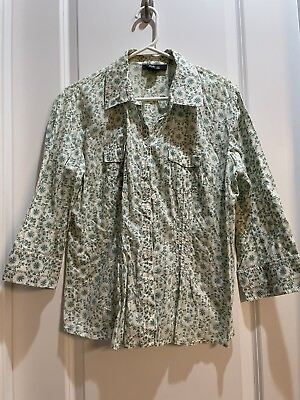 #ad Style amp;co White green Floral Print Button Down Shirt Blouse 3 4 Sleeves 10Petite $18.00