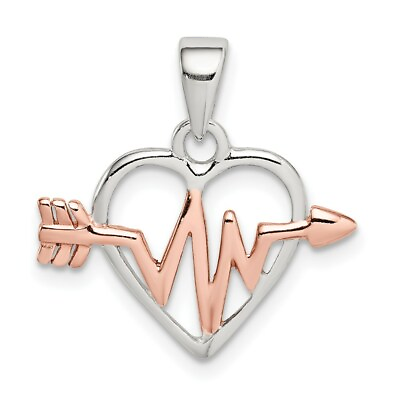 #ad Sterling Silver amp; Rose Tone Heart with Heartbeat amp; Arrow Charm Pendant 0.6 Inch $13.70