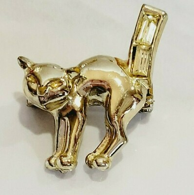 #ad Cat Kitty Tiny Brooch Pin Gold Tone Hissing Cat with Baguette Crystal Tail 1quot; $8.00