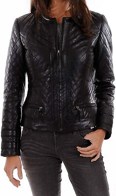 #ad Women 100% Genuine Lambskin Leather Jacket Black Biker Slim Quilted Outwear $132.00