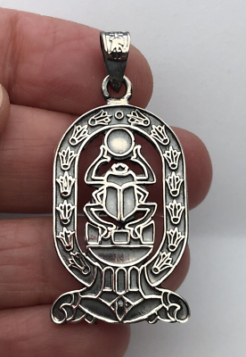 #ad Egyptian Large Scarab Lotus Flower Cartouche Solid Silver CHARM PENDANT $47.00