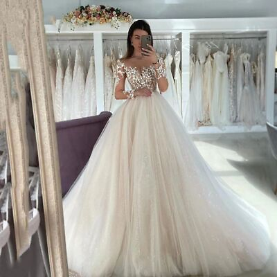 #ad Princess Wedding Dresses Lace Applique Long Sleeve Bridal Tulle Sweetheart Gowns $261.99