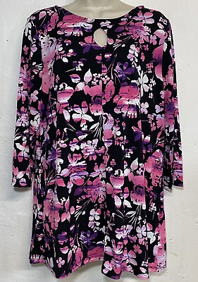 #ad Christopher Banks Medium Tunic Top Black Pink Floral 3 4 Sleeve Stretch Blouse $9.85