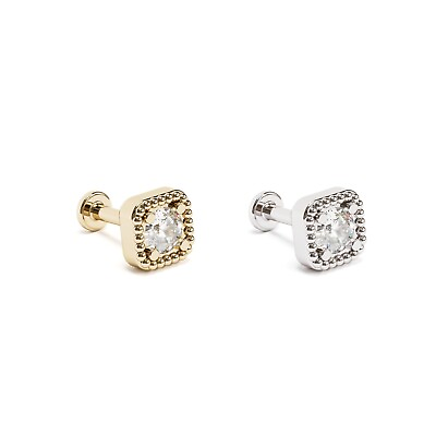 #ad 14K REAL Solid Gold Diamond Beaded Square Stud Helix Cartilage Conch Earring 16G $159.00