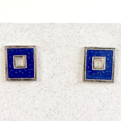 #ad Enamel Stud Earrings 14mm Blue Square Sterling Silver 925 Vintage Post $14.94