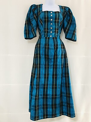 #ad Vintage Long Silk Dress Size 10 Check Pioneer Dirndl Midi Blue Green Victorian GBP 99.00