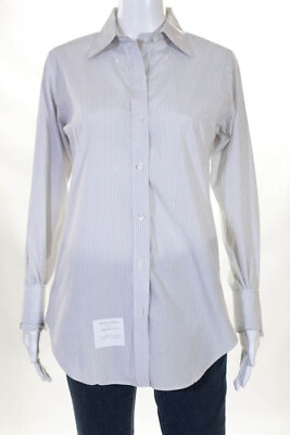 #ad Thom Browne Womens Top Size 3 White Blue Black Striped Cotton Button Down $89.99