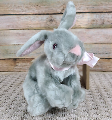 #ad Gray Bunny Pink Eyes Plush Animal Adventure Rabbit Floppy Ears Ribbon Stuffed $12.95