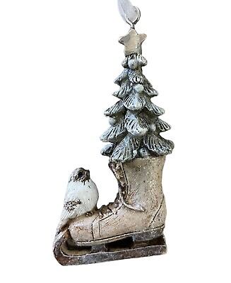 #ad Silver Tree Bird with Skate White Snowy Christmas Ornament nwt $11.26