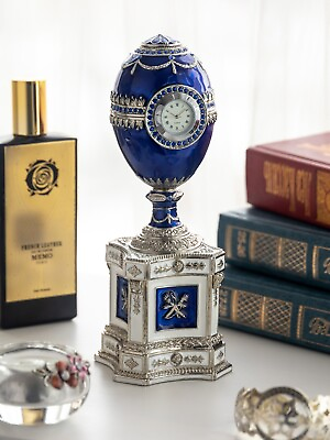 #ad Keren Kopal Blue Egg with clock Trinket Box Handmade with Austrian Crystals $210.00