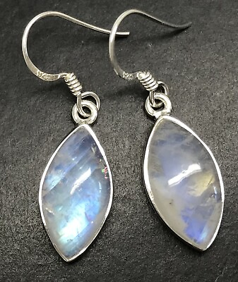 #ad Rainbow Moonstone marquise drop earrings solid Sterling Silver 18 x 9mm. Box GBP 39.99