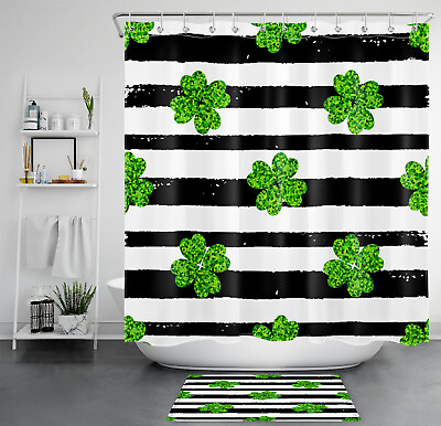 #ad Green Sequins Clover St. Patrick#x27;s Day Shower Curtain Set for Bathroom Decor $33.99