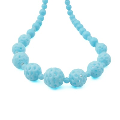 #ad Vintage Czech necklace lampwork hollow lattice turquoise blue glass beads $45.00