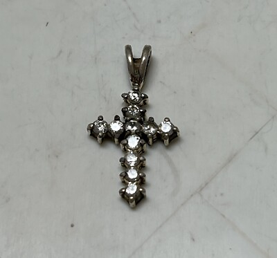 #ad Sterling Silver 925 Diamond Cz Cross Pendant Charm Crucifix Rare Vtg $12.95