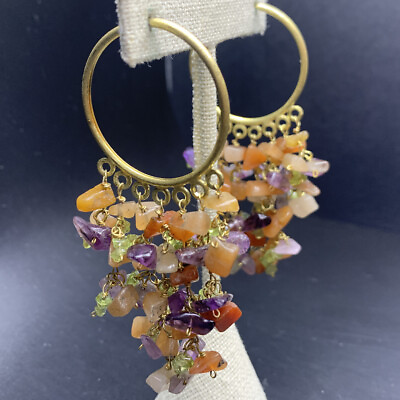 #ad Gemstone Chip Chandelier Hoop Earrings Dramatic Boho Multi Stone Dangle Goldtone $21.21