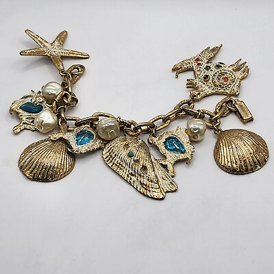 #ad Vintage Charm Bracelet Sea Life Fish Sea Horse Blue Gold Tone Shell Heavy 7quot; $44.99
