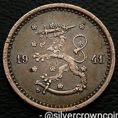 #ad Finland 50 Pennia 1941 S. KM#26a. Copper Fifty Cents coin. Rampant Lion. WWII. C $12.00