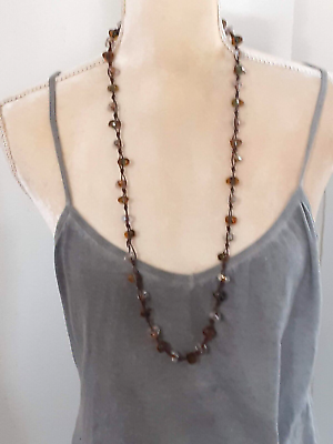 #ad Green gold tone glass? beaded necklace string chain 34quot; long natural tones $20.00