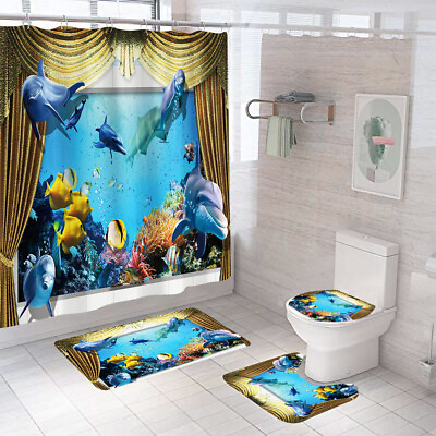 #ad Sea World Bathroom Rug Set Shower Curtain Non Slip Toilet Lid Cover Bath Mat #80 $92.26