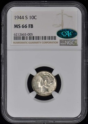#ad 1944 S NGC MS66FB CAC Full Bands BRILLIANT WHITE BEAUTY Mercury Dime SMOOTH 10c $159.90