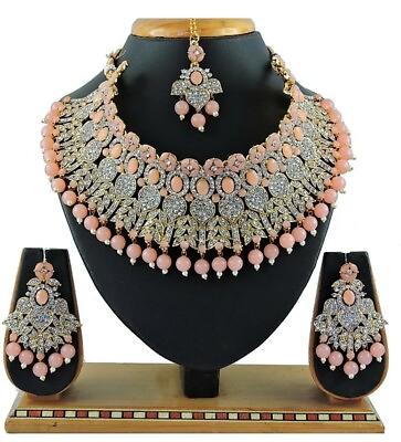 #ad Peach Indian Bollywood Fashion Bridal Wear Jewelry Ethnic Necklace Gold Plated $43.99