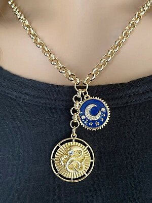 #ad Belcher Chain Snake and Moon Necklace Gold Snake Charm Necklace Double Charm $66.00