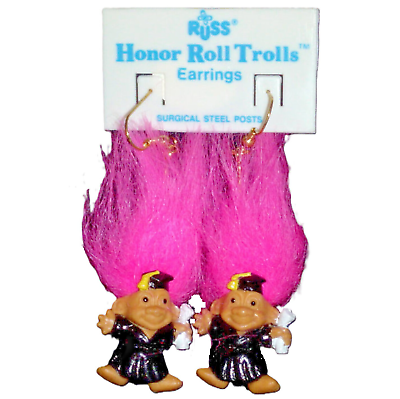 #ad Russ Retired HONOR ROLL TROLL EARRINGS Teacher Graduation Novelty Jewelry PINK $9.97