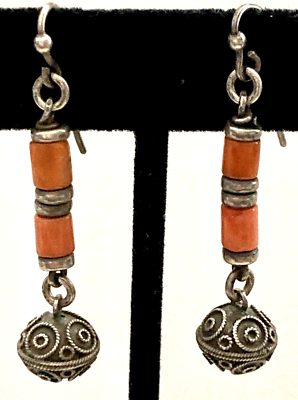 #ad Orange Red Coral Pierced Earrings Silver Ball Bead Older Vtg Ethnic Berber Style $28.00