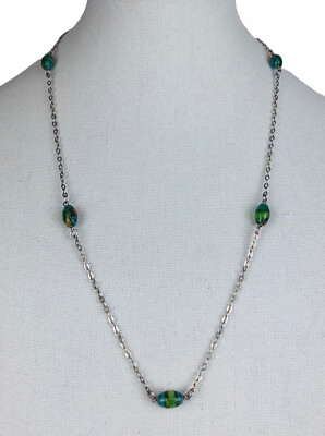 Vintage Sterling Silver Chain with Art Glass Beads Necklace Murano Style Greens $19.99