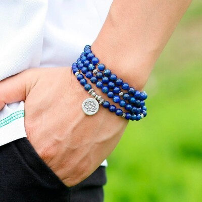 #ad Lapis Lazuli 108 Mala Beads Prayer Necklace Multi Strands Meditation Bracelet $14.58