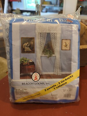 #ad Vintage Window in a Bag Lace Curtain Panel amp; Valance Tiebacks Light Blue 60x63quot; $26.60