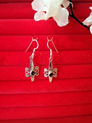 #ad STERLING SILVER 925 NICE DESIGN OF DANGLING EARRING WITH GARNET STONE L1 5 GBP 20.99
