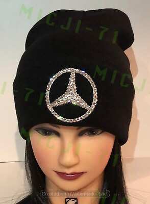 #ad Mercedes Benz Bling 3D Logo Beanie Hat Folded W Swarovski Crystals Black $59.99