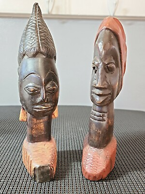 #ad Wooden African Handmade Ghana Head Face Sculptures Figurine Statue Man amp; Women $28.25