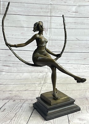 #ad Bronze Female Woman Girl On A Swing Sculpture 16quot; Tall Centerpiece Decor Sale $149.50