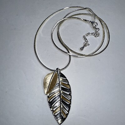 #ad Silver Tone Box Chain Necklace Leaf Pendant Open Cut Grey Tan Shiny 28 31quot; $12.20