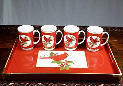 #ad Beautiful Otagiri Japan Vintage Tray amp; 4 Cups Set Red Cardinal Berries Gold Trim $48.00