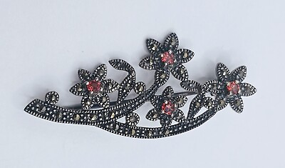 #ad Sterling Silver Marcasite Red Gemstone Brooch Open Back Stones Signed $35.00