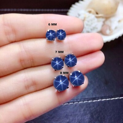 #ad Round Star Sapphire Earrings Genuine Lindy Blue Star Studs Earrings for Bride $56.69