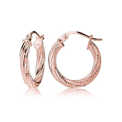 #ad Rose Gold Tone over Sterling Silver 3mm Textured Twist Round Hoop Earrings 15mm $12.99