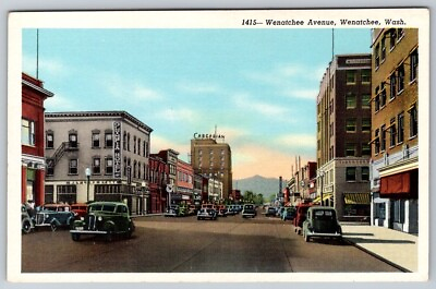 #ad Wenatchee WA Washington Street Scene on Wenatchee Avenue Old Cars Linen Postcard $6.29