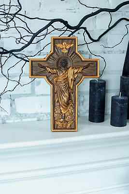 #ad Wall cross Wooden Crucifix Religious wood carving Catholic Cross wall Decor $278.07