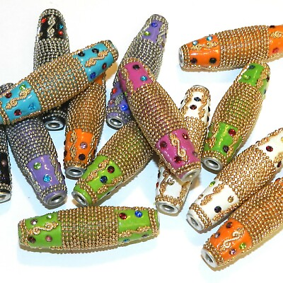 #ad IB346 Assorted Tapered Oval 60mm Fancy Indonesia Style Metal amp; Enamel Beads 5pc $17.75