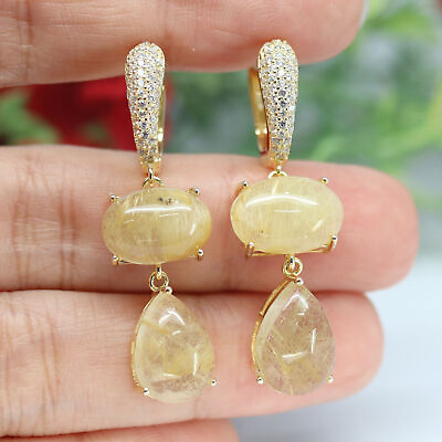 #ad NATURAL GOLDEN RUTILATED QUARTZ amp; WHITE CZ DROP EARRINGS 925 STERLING SILVER $298.50