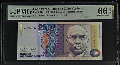 #ad Cape Verde 2500 Escudos 1989 P 61 a Gem UNC PMG 66 EPQ $72.89