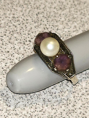 #ad Vintage Marcasite Cultured Pearl and Amethyst Sterling Silver Ring Size 6.25 $129.99